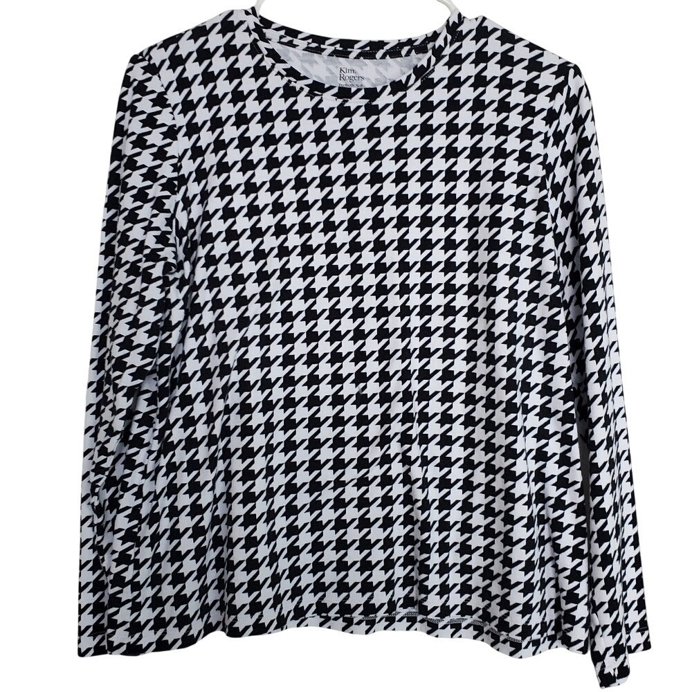 Kim Rogers Lg-Black & White‎ Houndstooth Long Sleeve Top